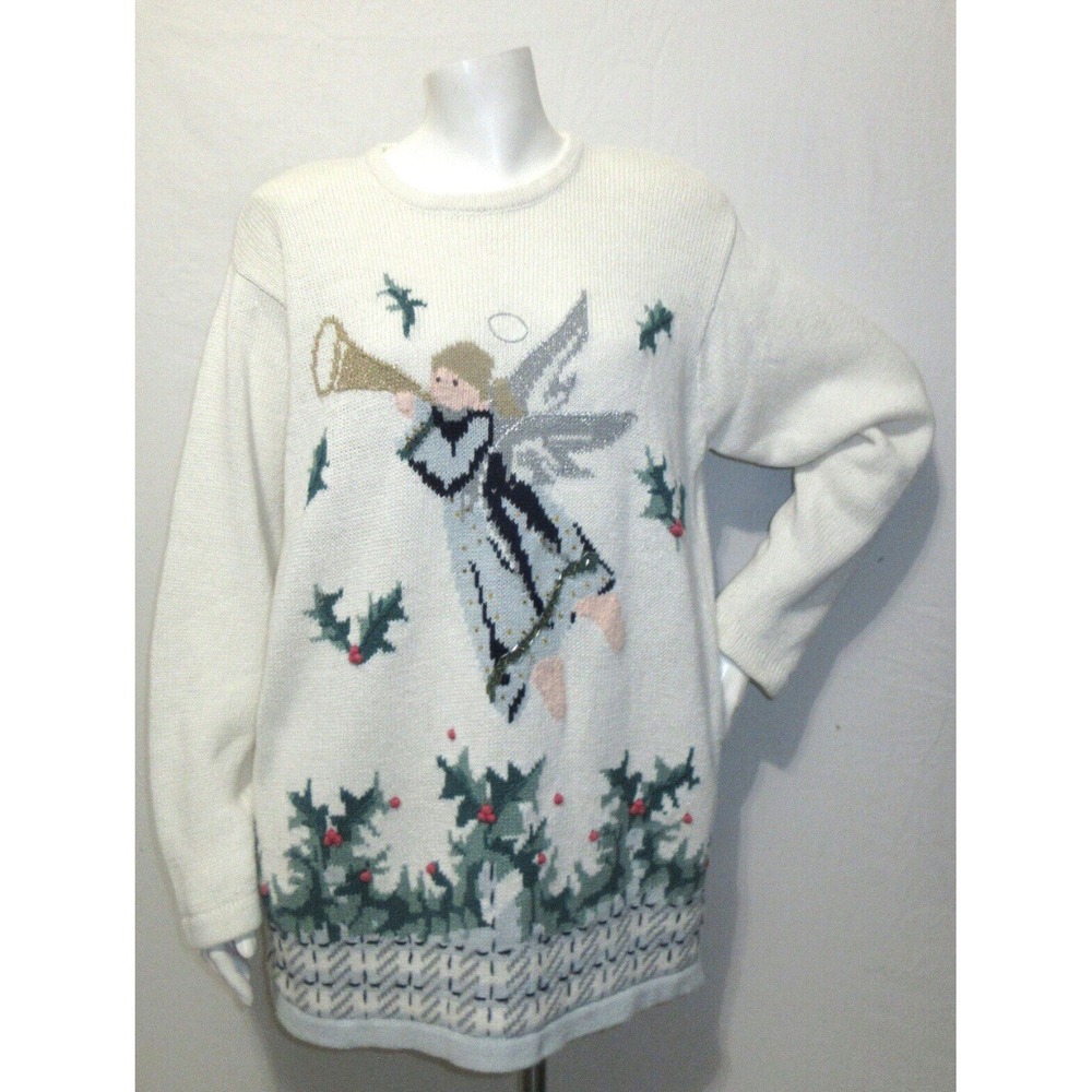 Not Ugly Christmas Sweater Size L Angel Holly Beaded The Villager Tunic Y2K